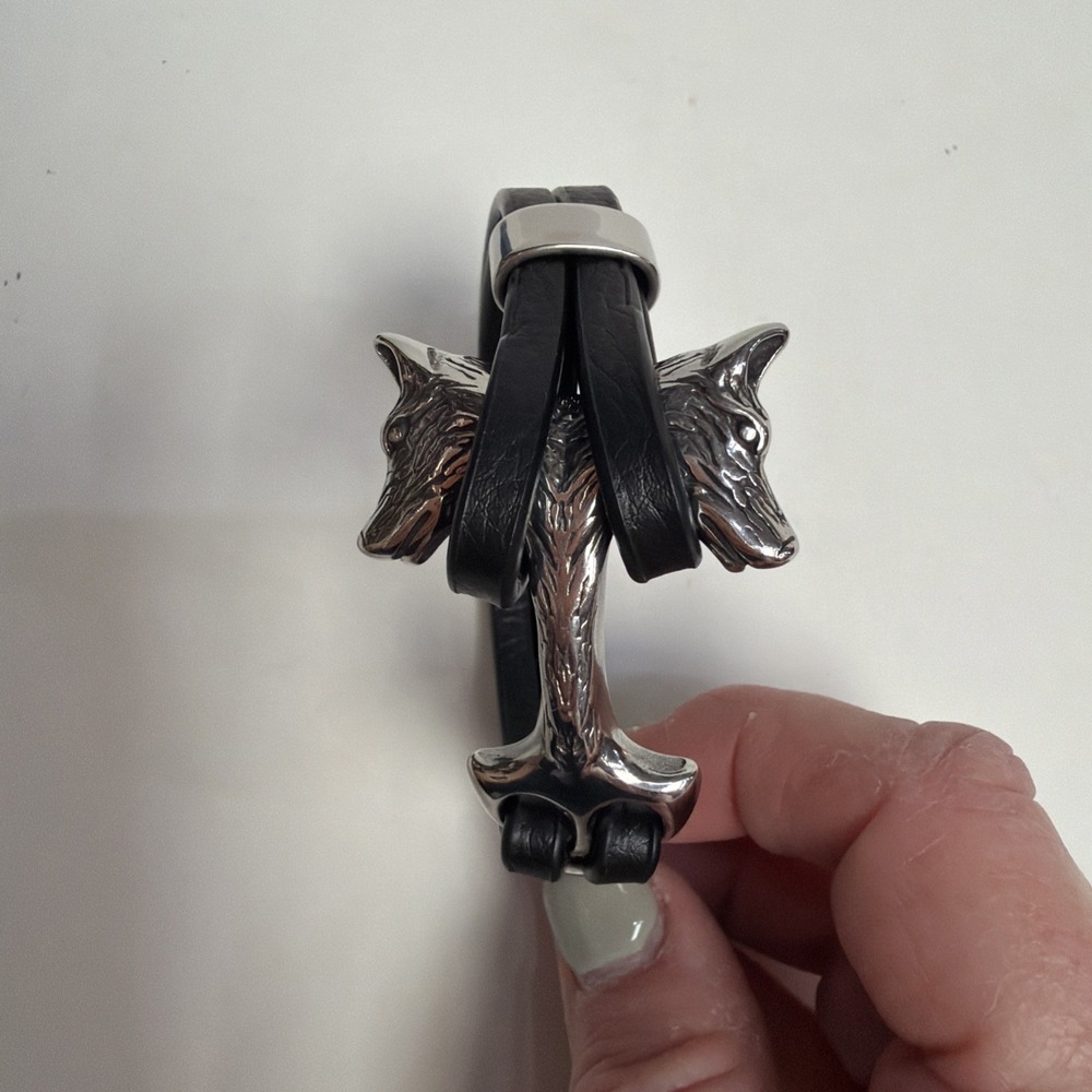 Black Leather Double-Strand Wolf Head Bracelet